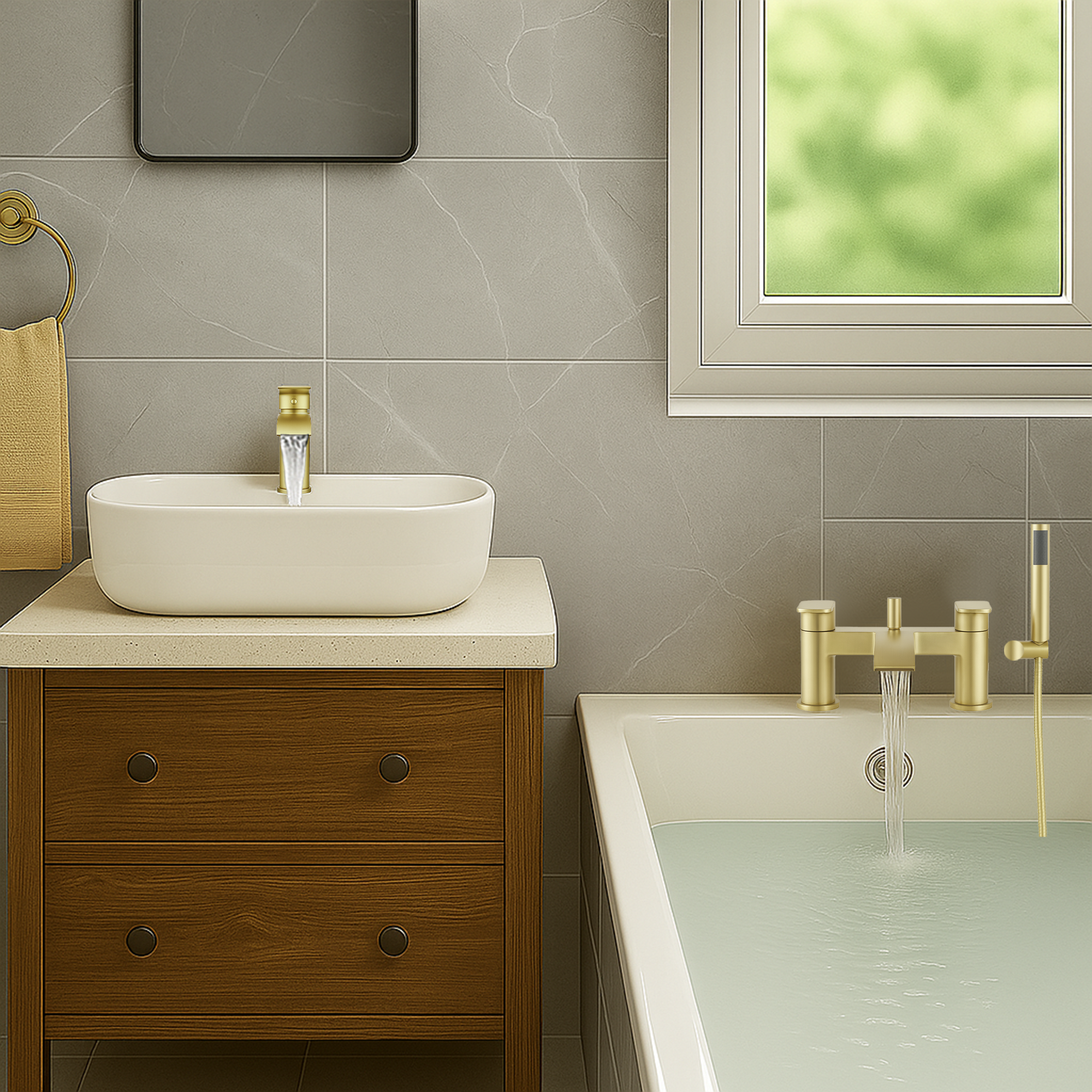 Arko Capri Basin Mixer Tap & Bath Shower Set with Bath Waste – Brass