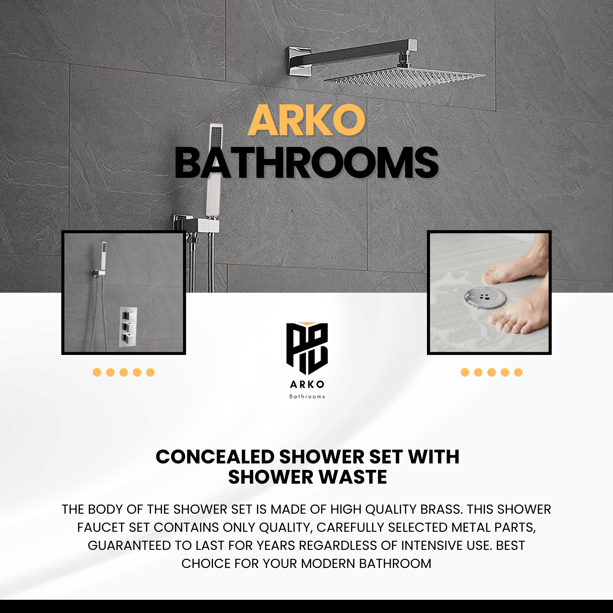 ARKO Square Concealed Thermostatic Shower Mixer 2 Dial Twin Head with Valve, Handset & Shower Waste – Chrome