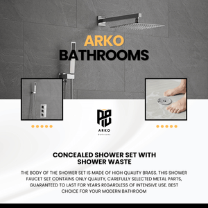 ARKO Square Concealed Thermostatic Shower Mixer 2 Dial Twin Head with Valve, Handset & Shower Waste – Chrome