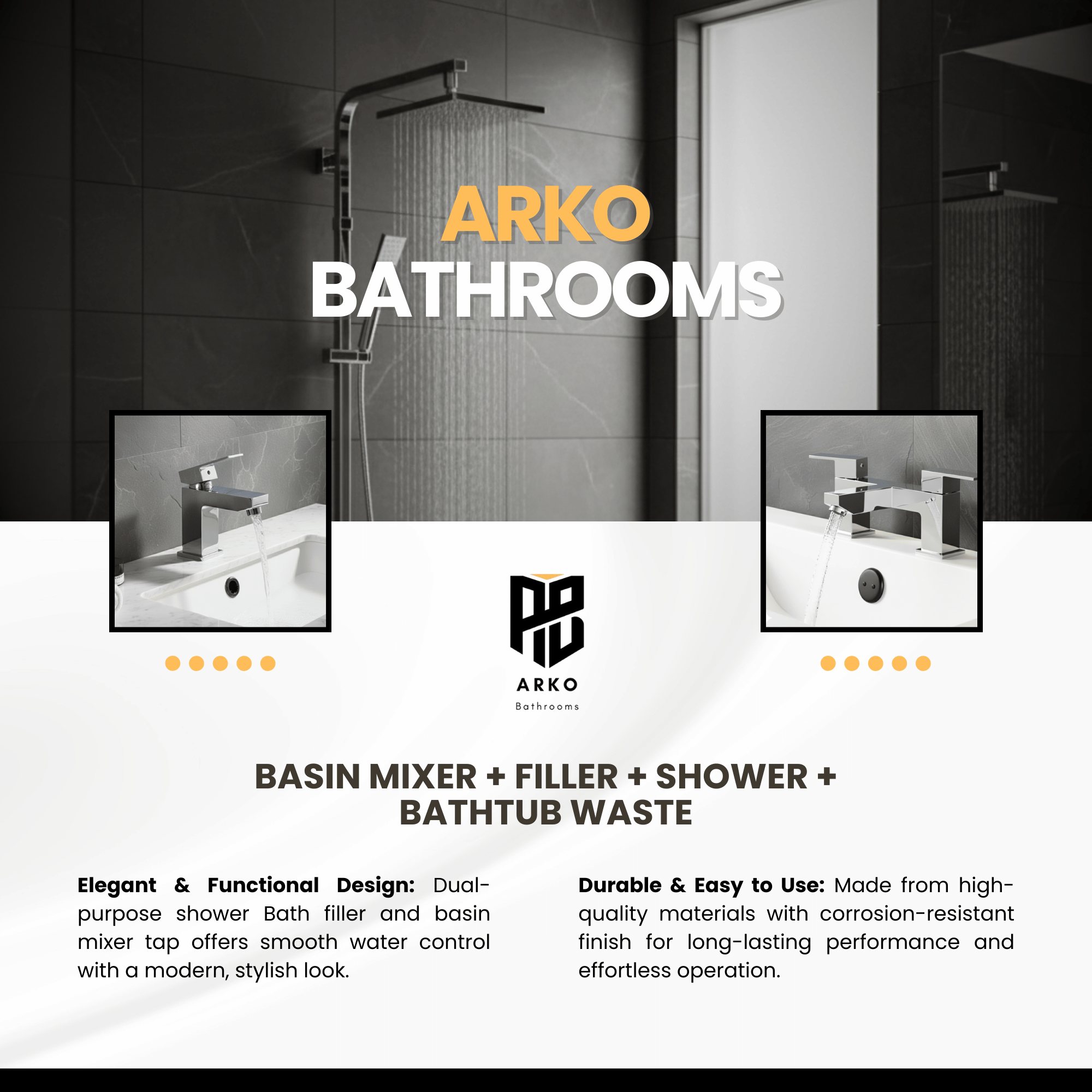 ARKO Verda Basin Mixer Tap, Bath Filler & Thermostatic Mixer Shower Set with Bath Waste – Chrome
