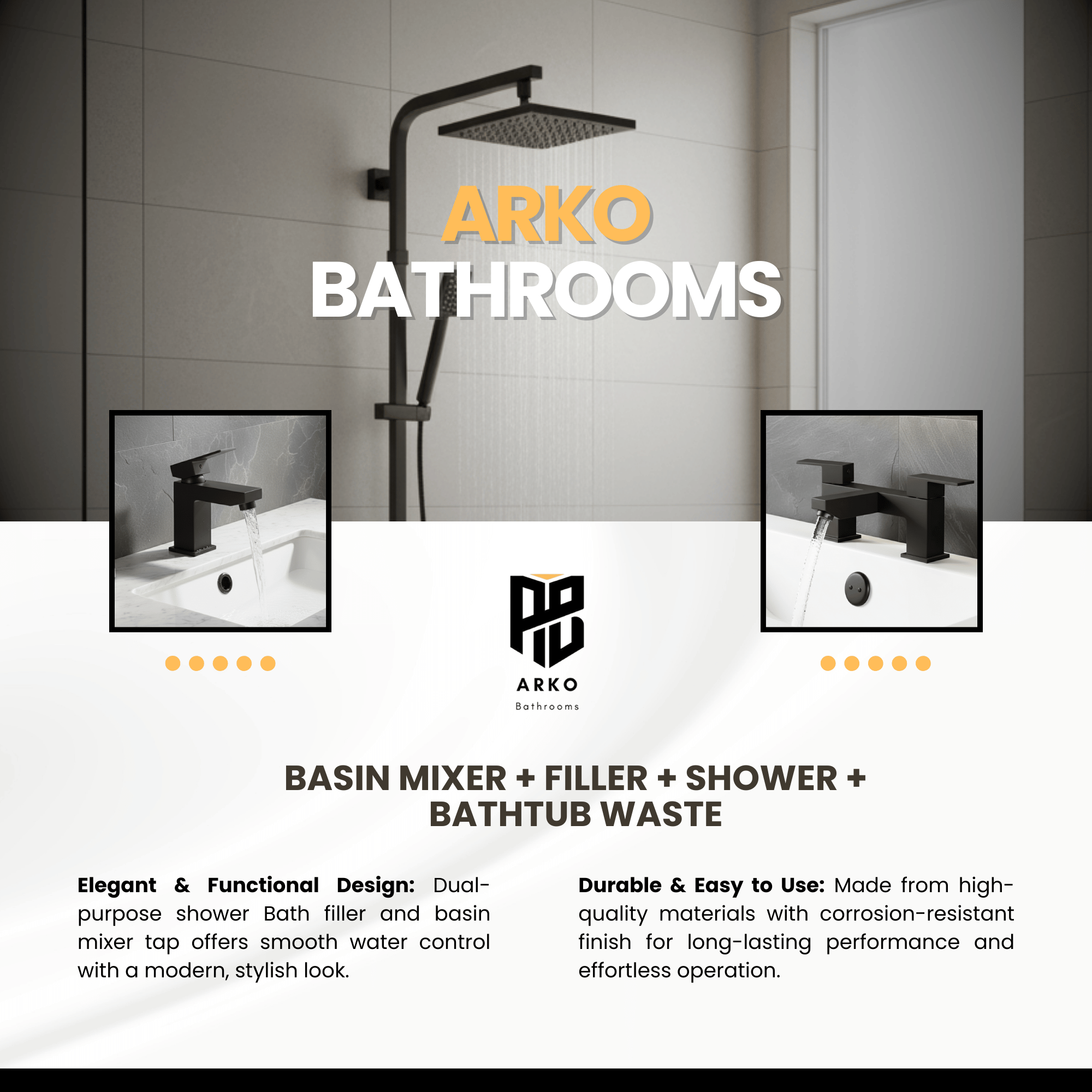 ARKO Verda Basin Mixer Tap, Bath Filler & Thermostatic Mixer Shower Set with Bath Waste – Black