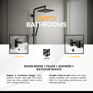 ARKO Verda Basin Mixer Tap, Bath Filler & Thermostatic Mixer Shower Set with Bath Waste – Black