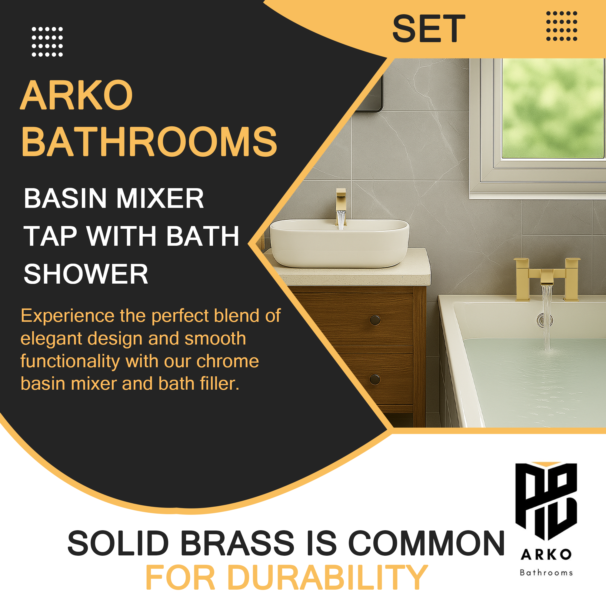 ARKO Vista Bath Shower & Basin Mixer Tap Set – Brass