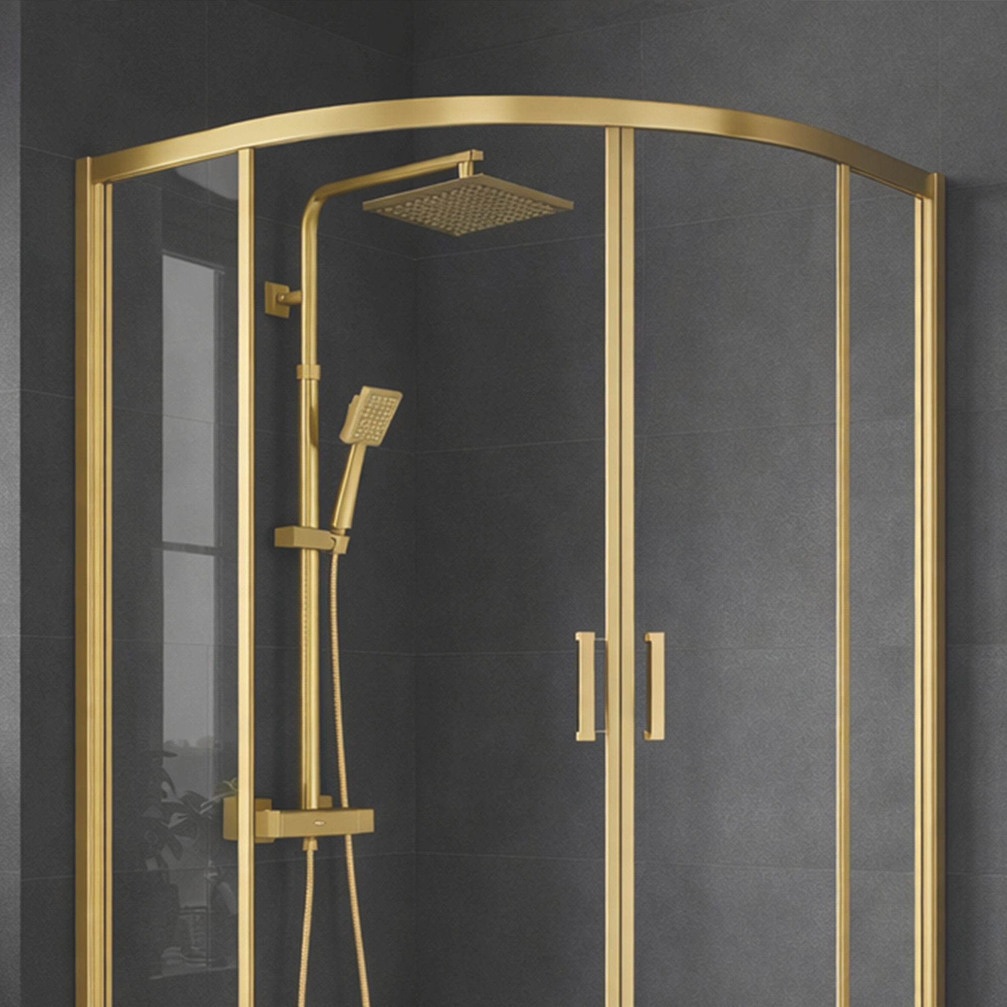 ARKO Square Rainfall Shower System with Handheld Spray & Curved Glass Sliding Shower Enclosure - Brass