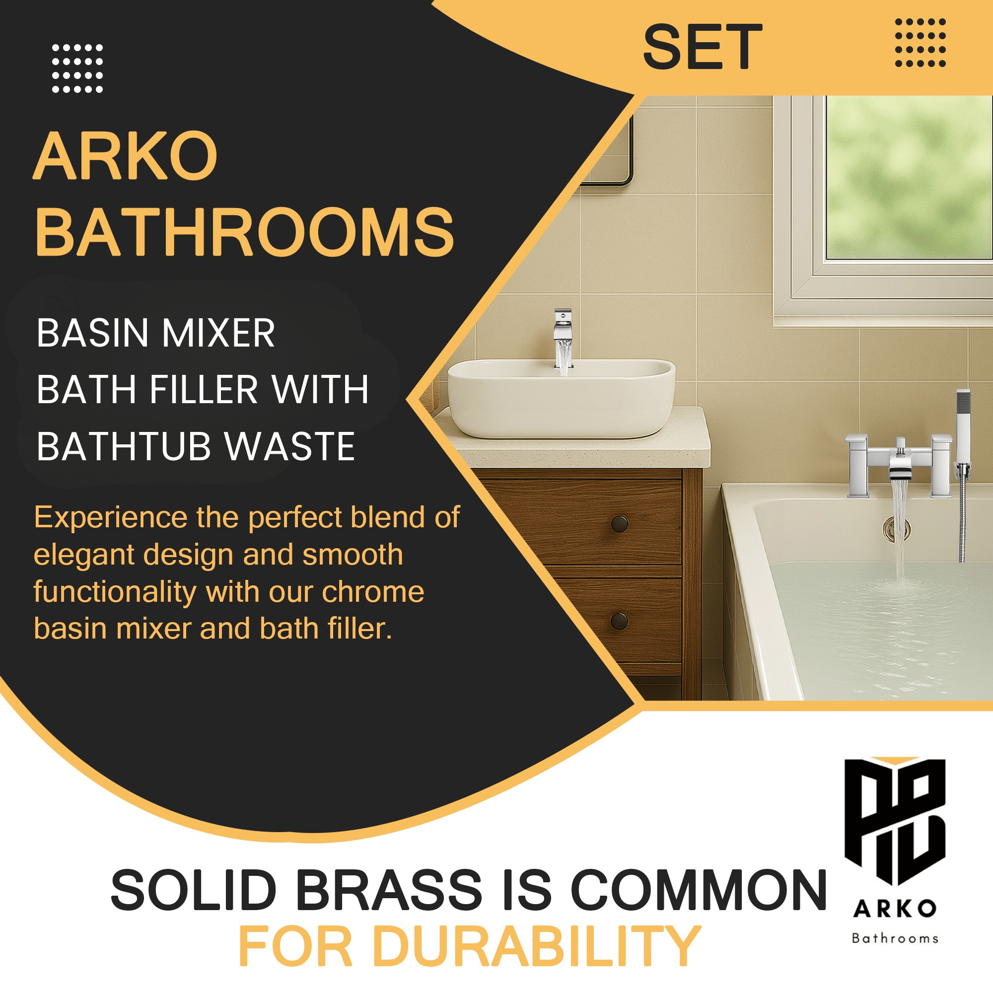 Arko Vista Basin Mixer Tap & Bath Shower Set with Bath Waste – Chrome