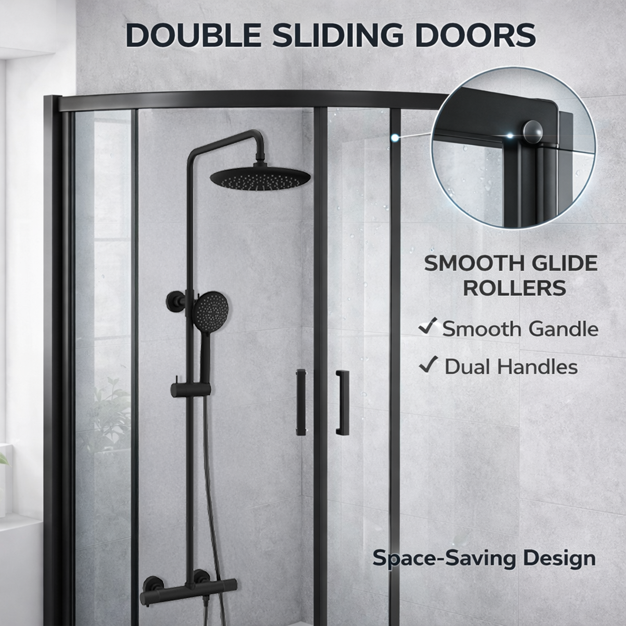 ARKO Round Rainfall Shower System with Handheld Spray & Curved Glass Sliding Shower Enclosure with Tray  - Matte Black