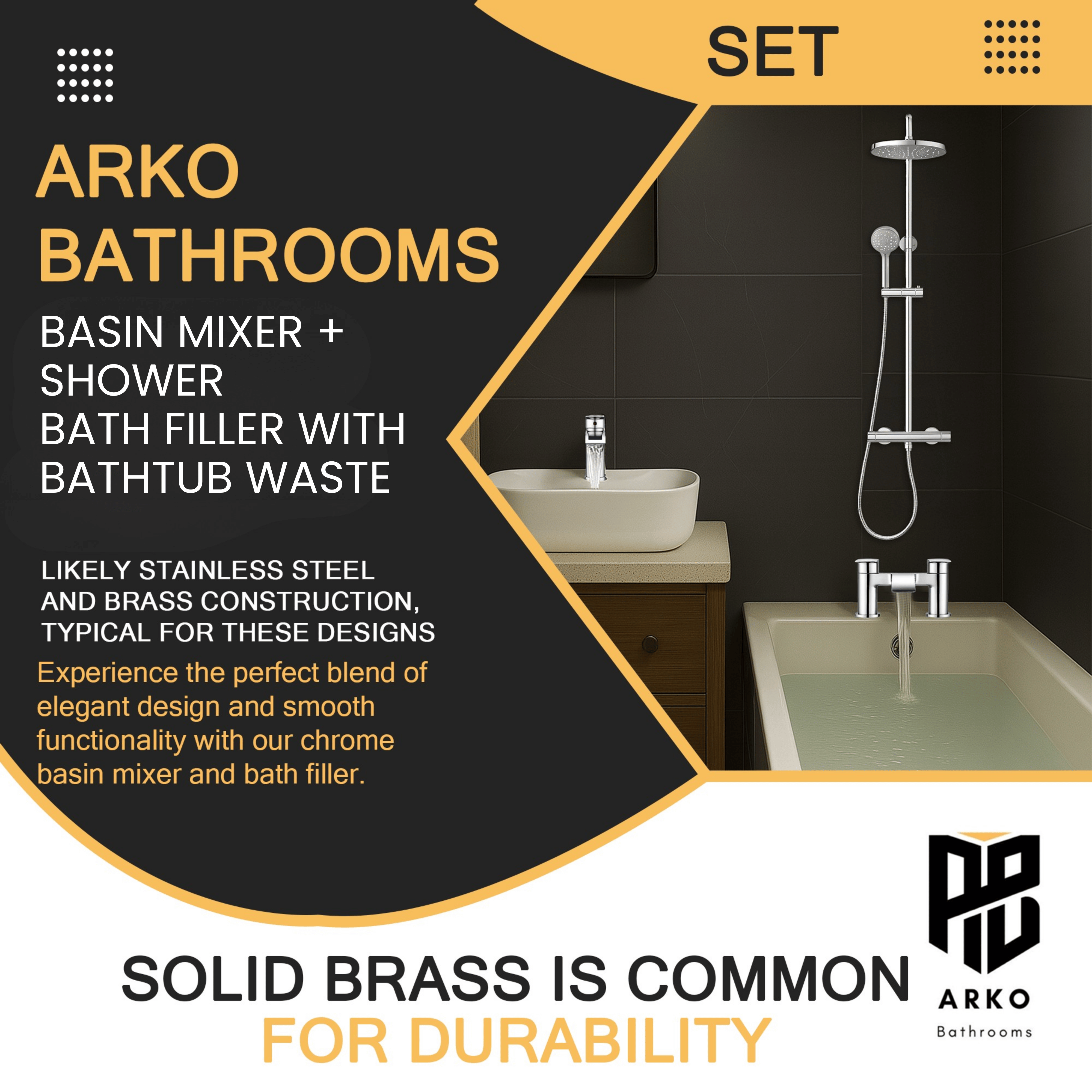 ARKO Capri Basin Mixer Tap, Bath Filler & Thermostatic Mixer Shower Set with Bath Waste – Chrome