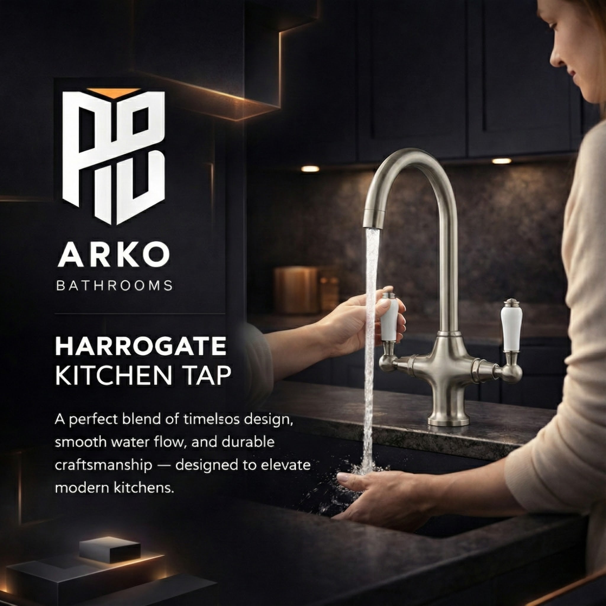 Arko Harrogate Twin Lever Kitchen Sink Mixer Tap Swivel Spout - Brushed Nickel