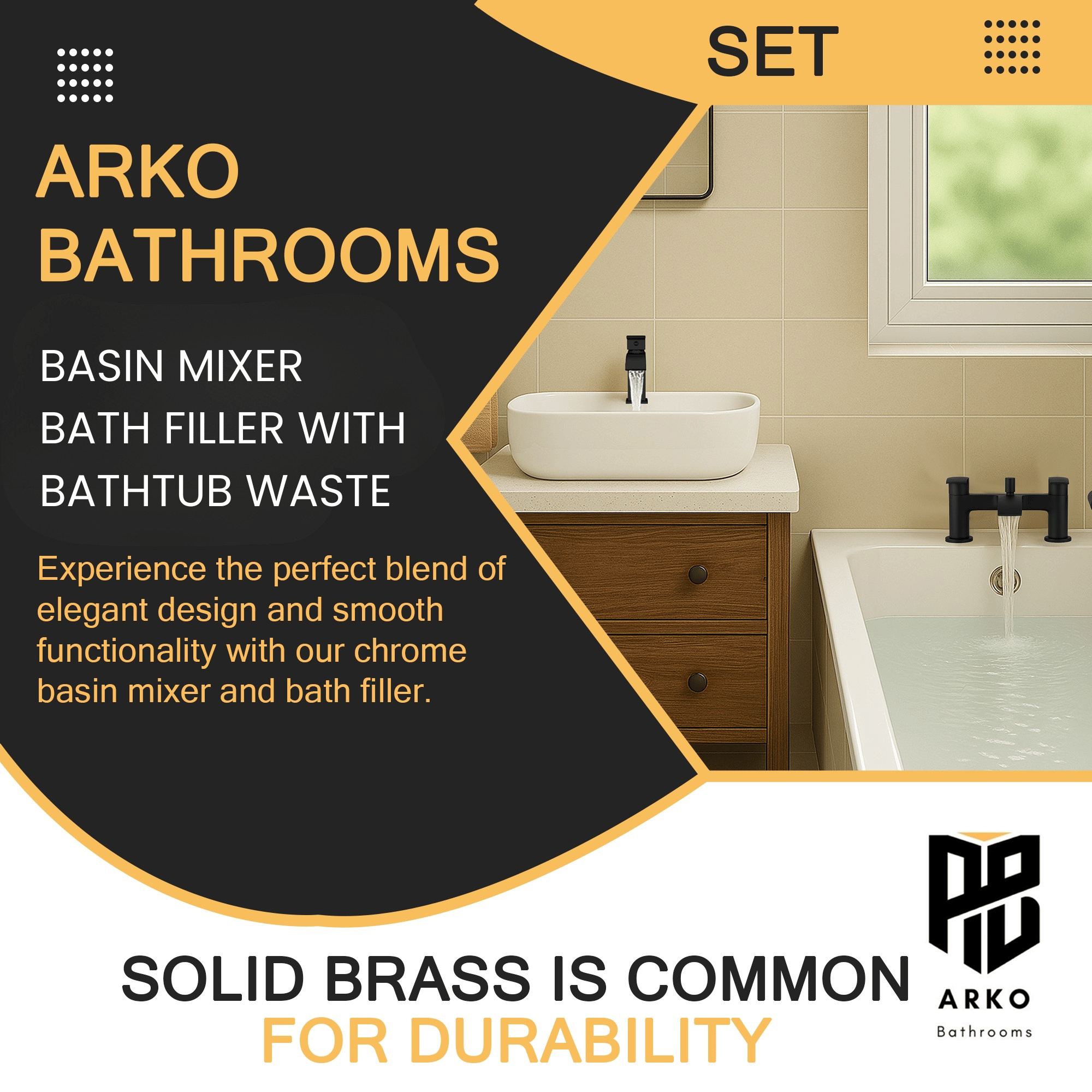Arko Capri Basin Mixer Tap & Bath Shower Set with Bath Waste – Black