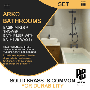 ARKO Vista Basin Mixer Tap, Bath Filler & Thermostatic Mixer Shower Set with Bath Waste – Black
