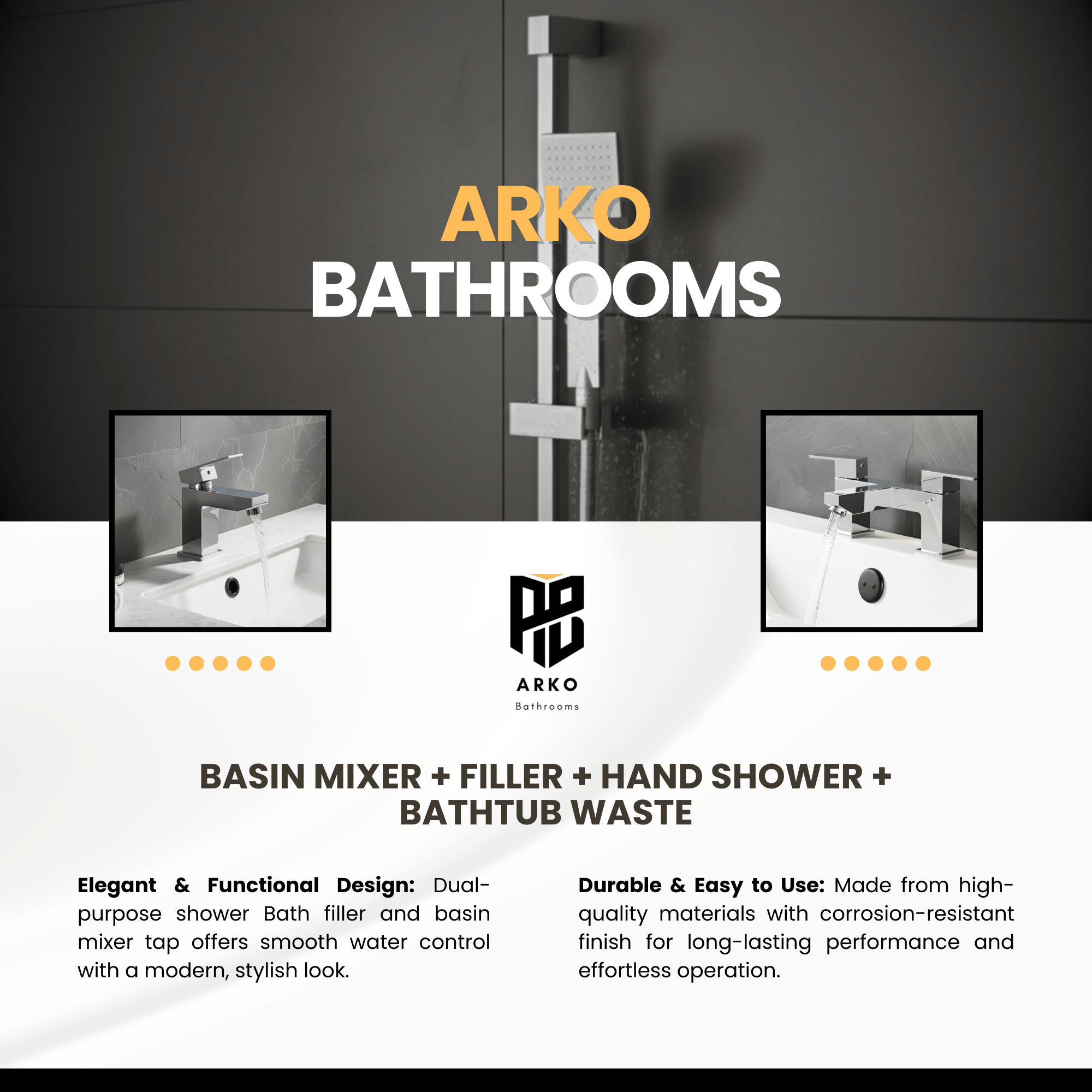 ARKO Verda Basin Mixer Tap, Bath Filler & Handheld Shower Set with Bath Waste – Chrome