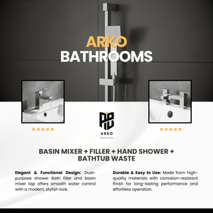 ARKO Verda Basin Mixer Tap, Bath Filler & Handheld Shower Set with Bath Waste – Chrome