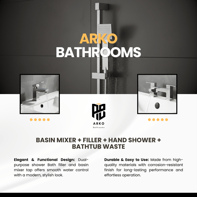 ARKO Verda Basin Mixer Tap, Bath Filler & Handheld Shower Set with Bath Waste – Chrome