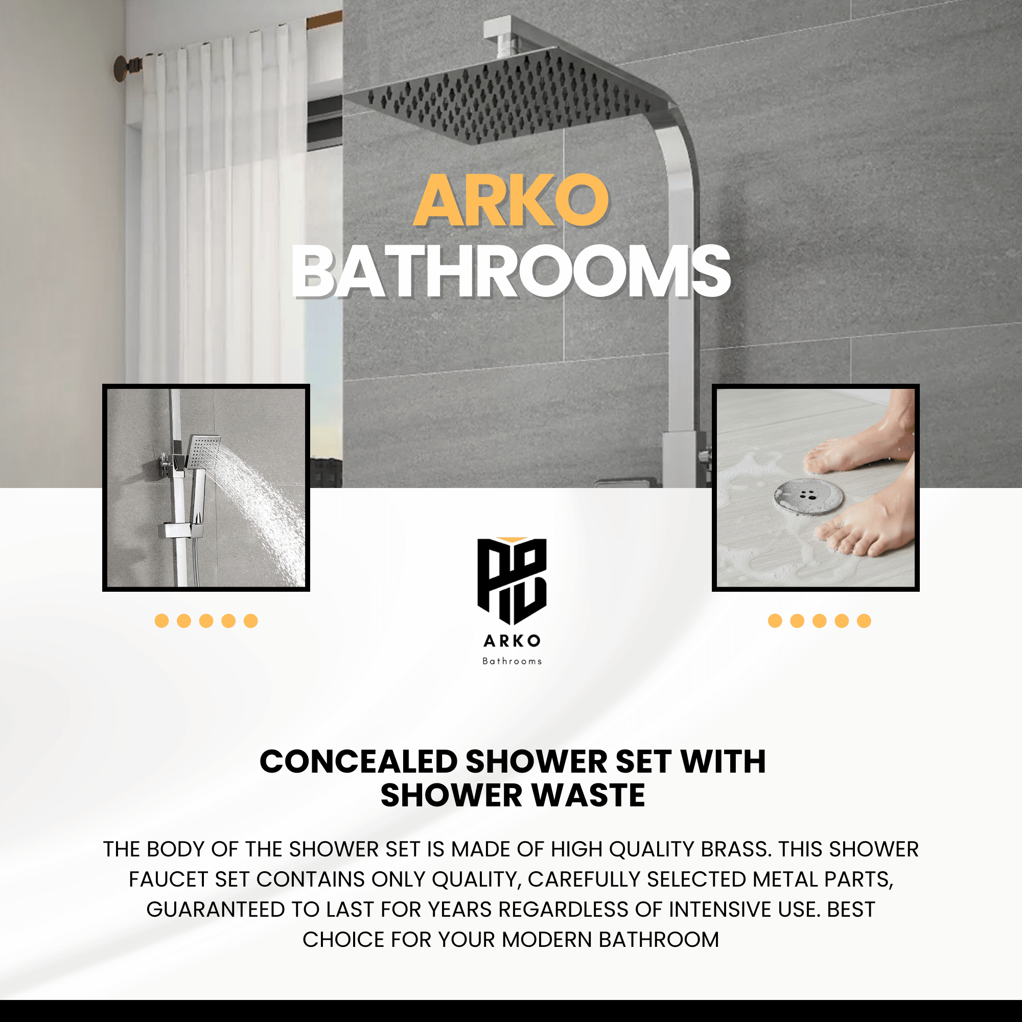 ARKO Bathroom Square Thermostatic Mixer Shower with Riser Rail, Shower Waste & Twin head - Chrome