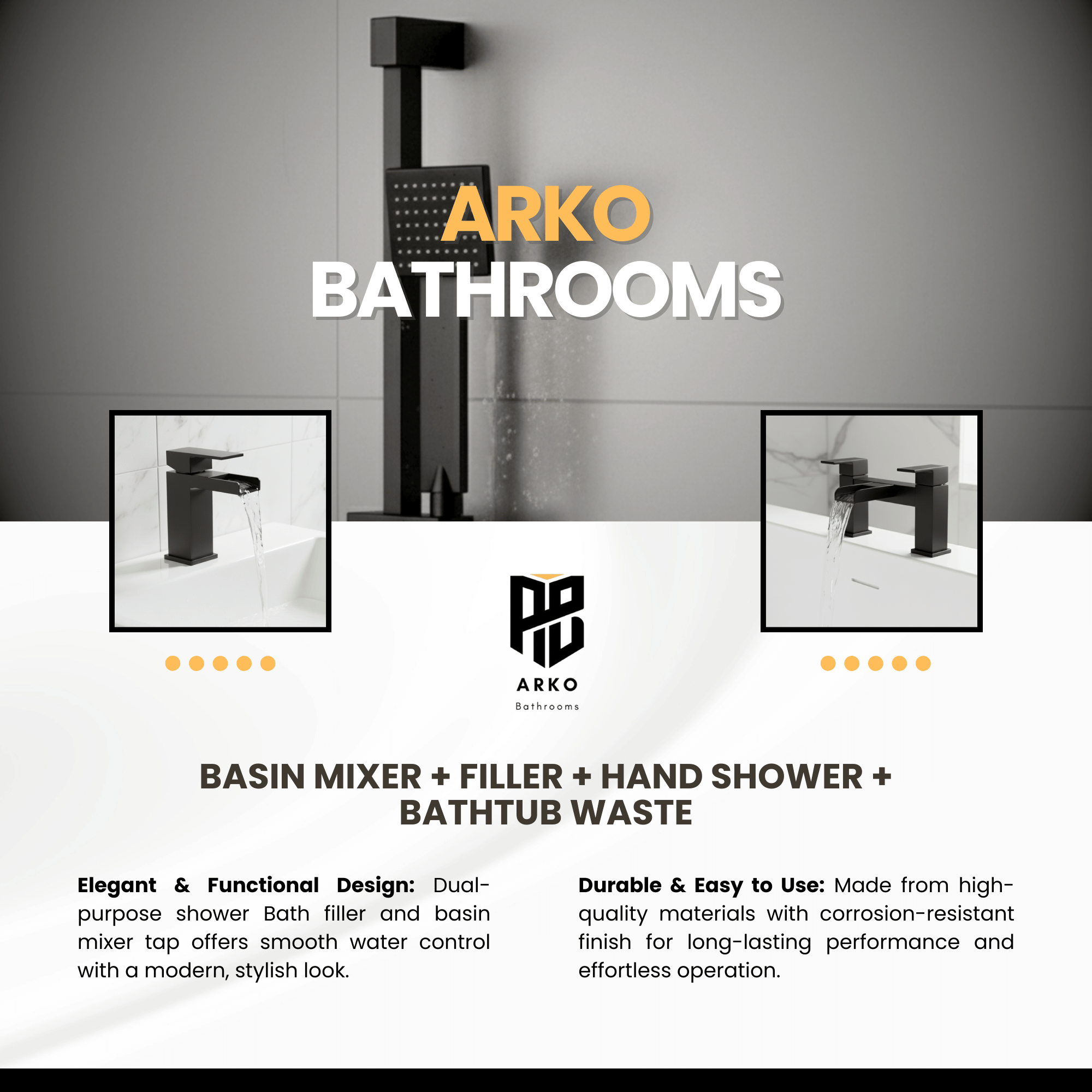 ARKO Waterfall Basin Mixer Tap, Bath Filler & Handheld Shower Set with Bath Waste – Black