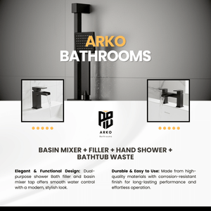 ARKO Waterfall Basin Mixer Tap, Bath Filler & Handheld Shower Set with Bath Waste – Black