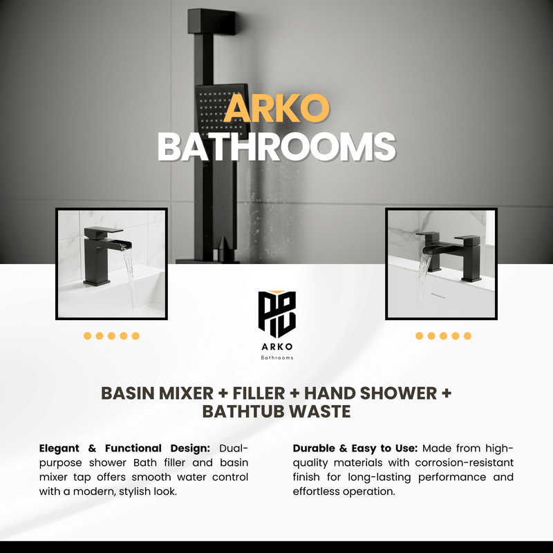 ARKO Waterfall Basin Mixer Tap, Bath Filler & Handheld Shower Set with Bath Waste – Black