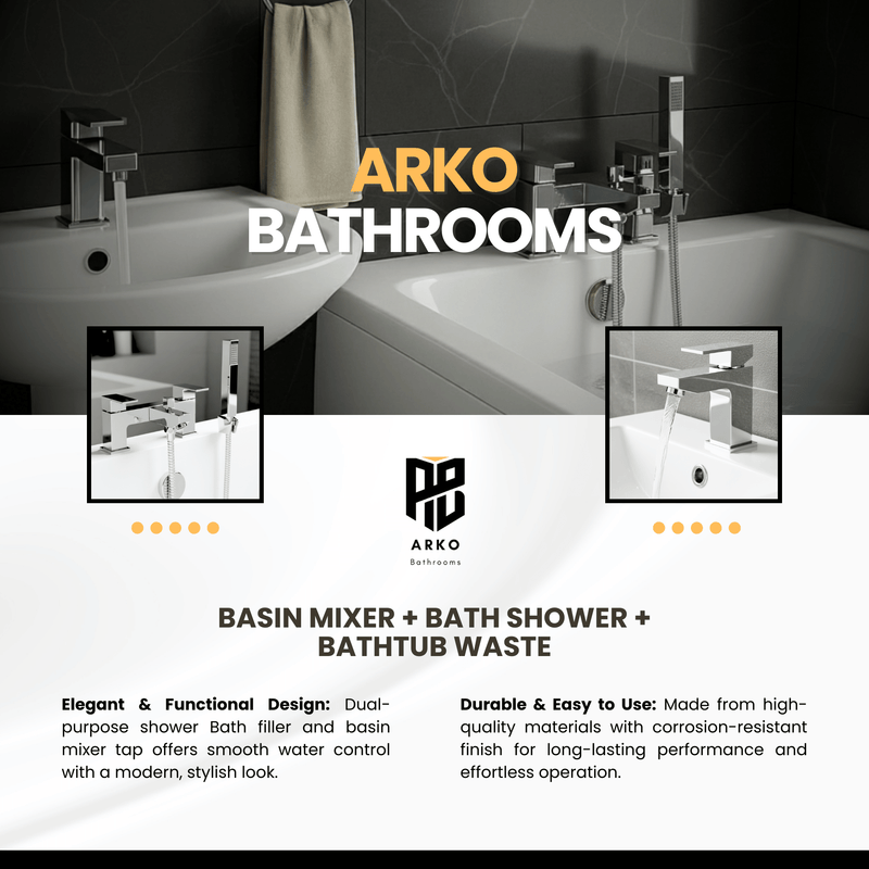 Arko Verda Basin Mixer Tap & Bath Shower Set with Bath Waste – Chrome