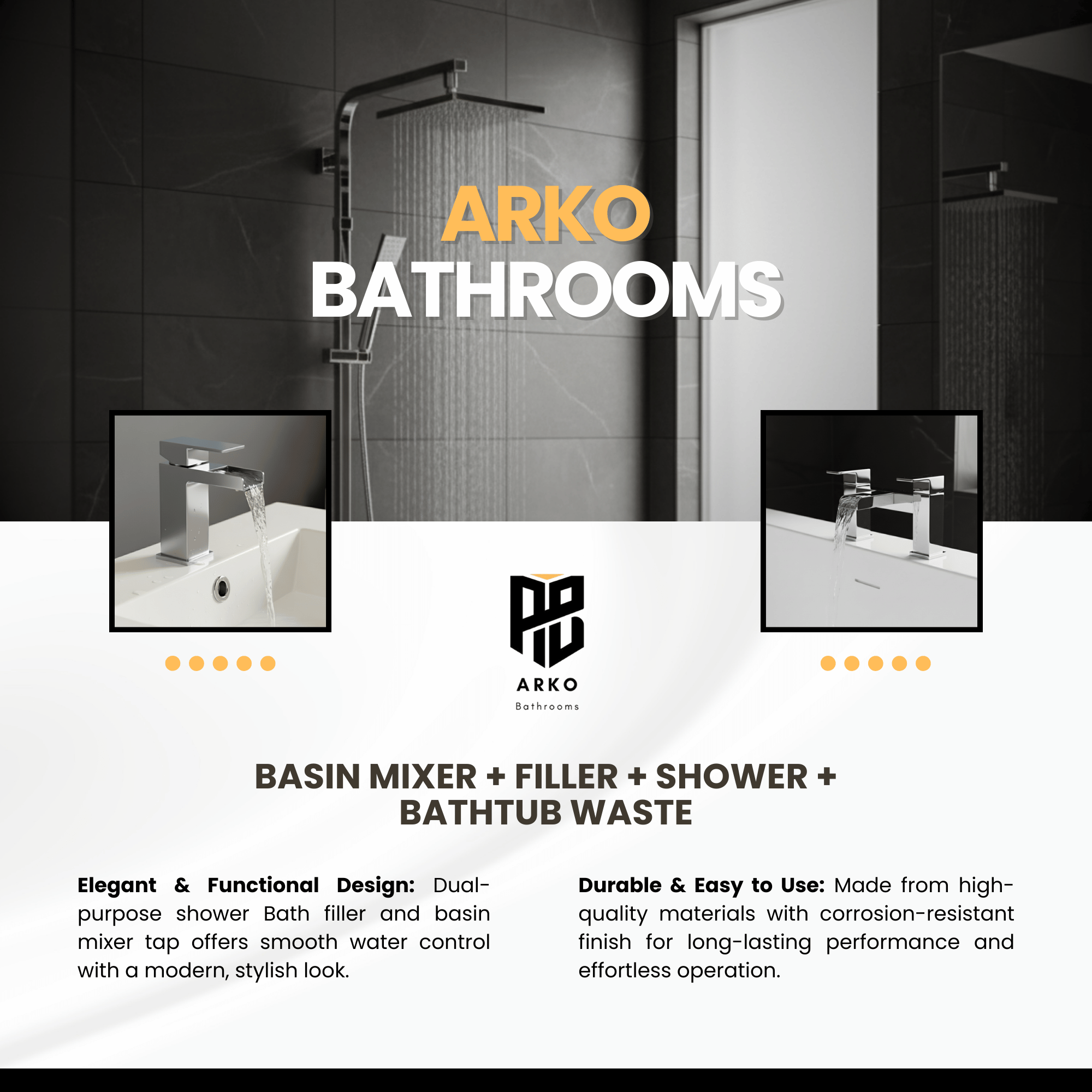 ARKO Waterfall Basin Mixer Tap, Bath Filler & Thermostatic Mixer Shower Set with Bath Waste – Chrome