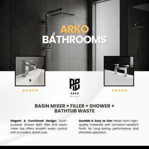 ARKO Waterfall Basin Mixer Tap, Bath Filler & Thermostatic Mixer Shower Set with Bath Waste – Chrome
