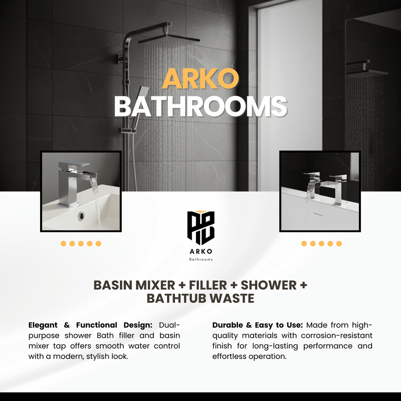 ARKO Waterfall Basin Mixer Tap, Bath Filler & Thermostatic Mixer Shower Set with Bath Waste – Chrome
