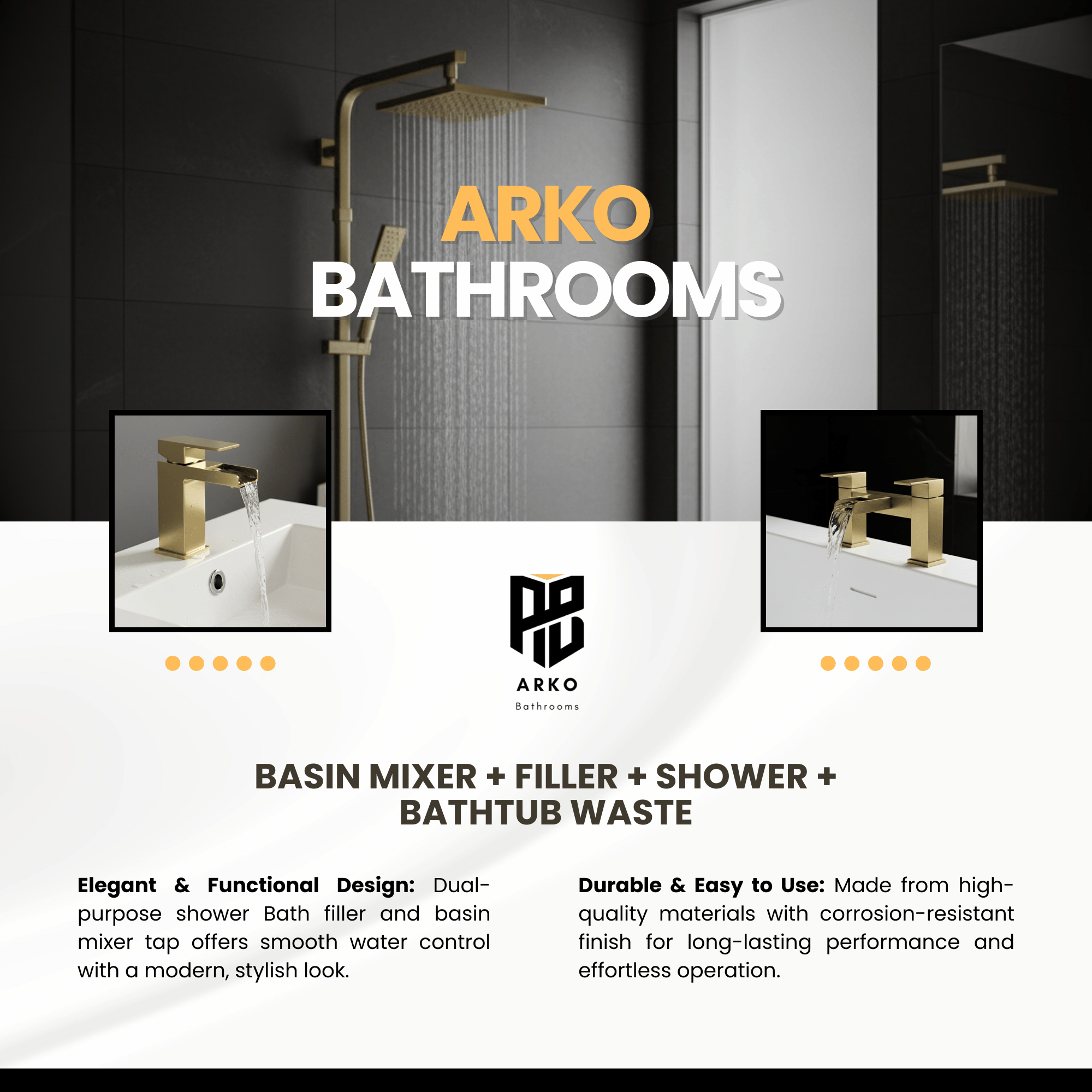 ARKO Waterfall Basin Mixer Tap, Bath Filler & Thermostatic Mixer Shower Set with Bath Waste – Brass