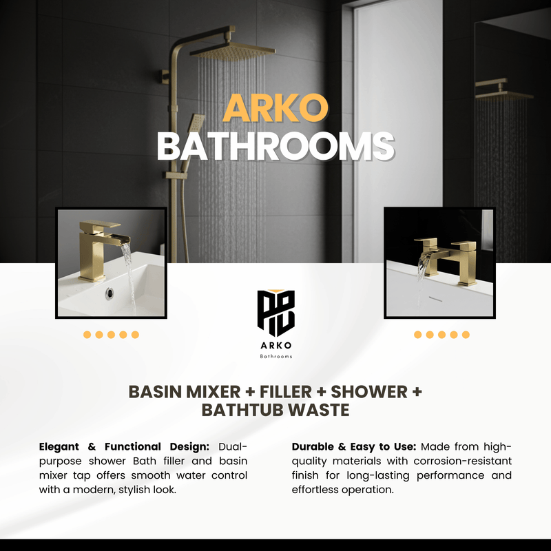 ARKO Waterfall Basin Mixer Tap, Bath Filler & Thermostatic Mixer Shower Set with Bath Waste – Brass