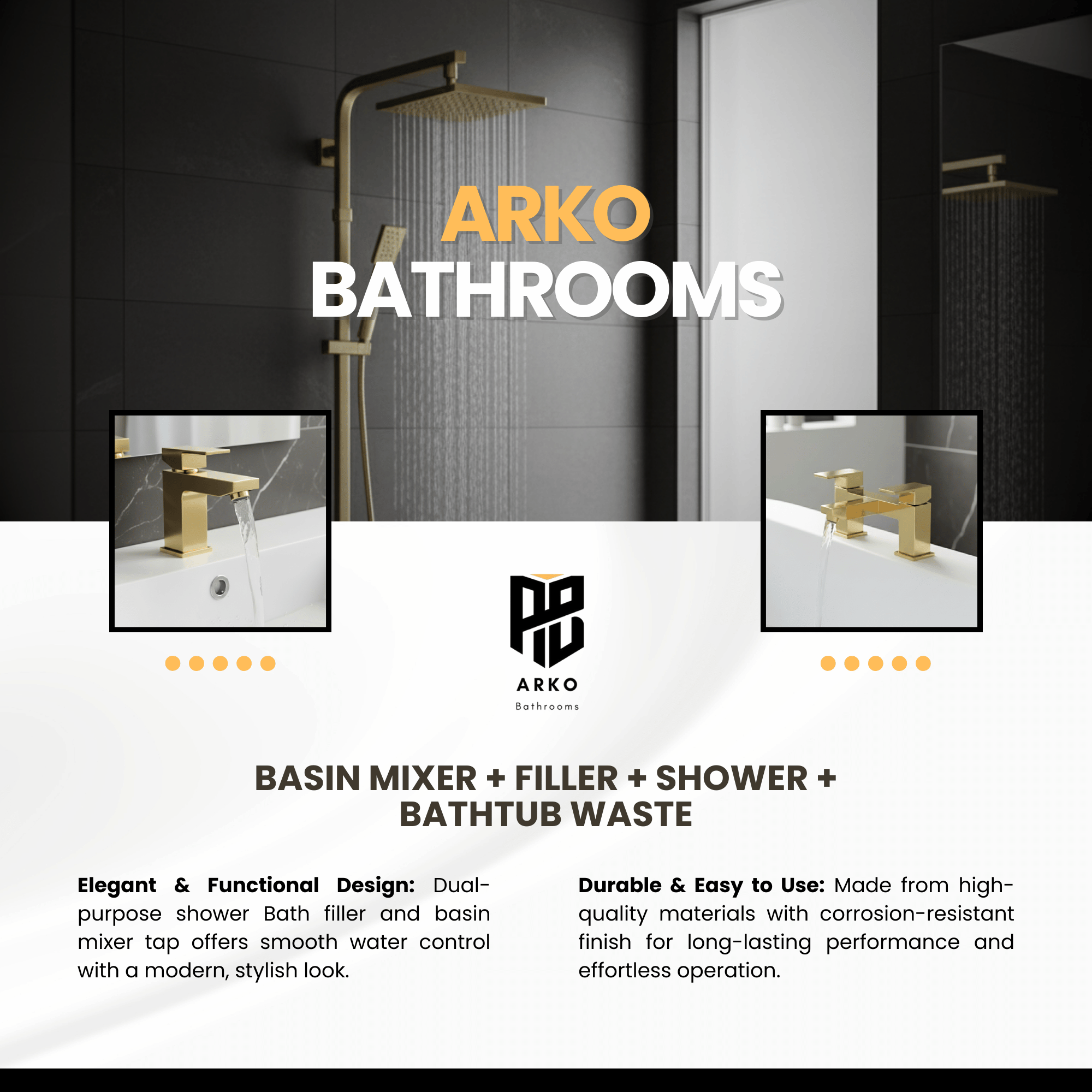 ARKO Verda Basin Mixer Tap, Bath Filler & Thermostatic Mixer Shower Set with Bath Waste – Brass