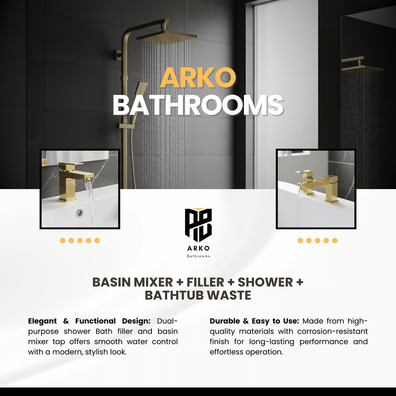 ARKO Verda Basin Mixer Tap, Bath Filler & Thermostatic Mixer Shower Set with Bath Waste – Brass