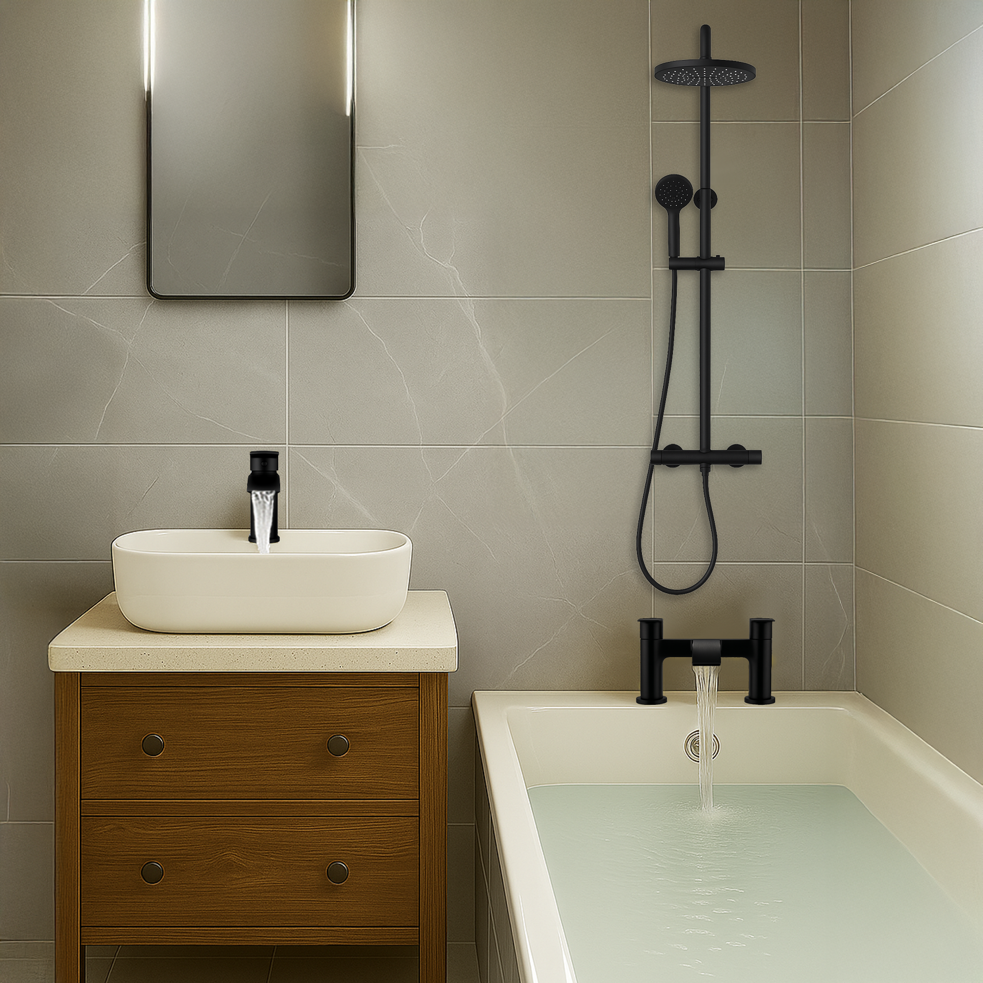 ARKO Capri Basin Mixer Tap, Bath Filler & Thermostatic Mixer Shower Set with Bath Waste – Black
