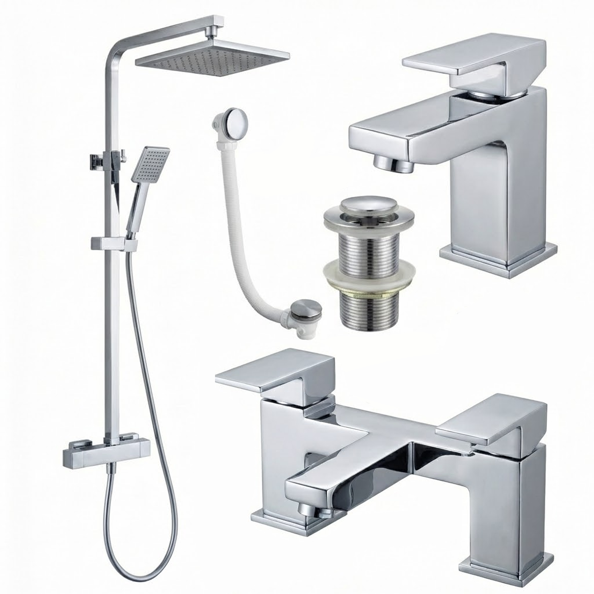 ARKO Verda Basin Mixer Tap, Bath Filler & Thermostatic Mixer Shower Set with Bath Waste – Chrome