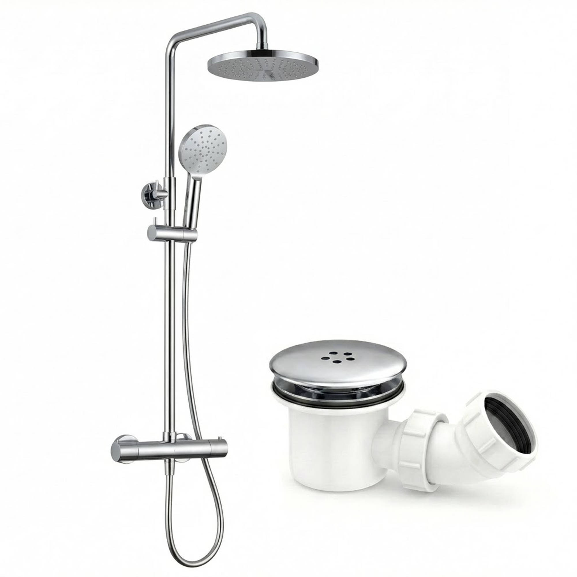 ARKO Bathroom Round Thermostatic Mixer Shower with Riser Rail, Shower Waste & Twin head - Chrome