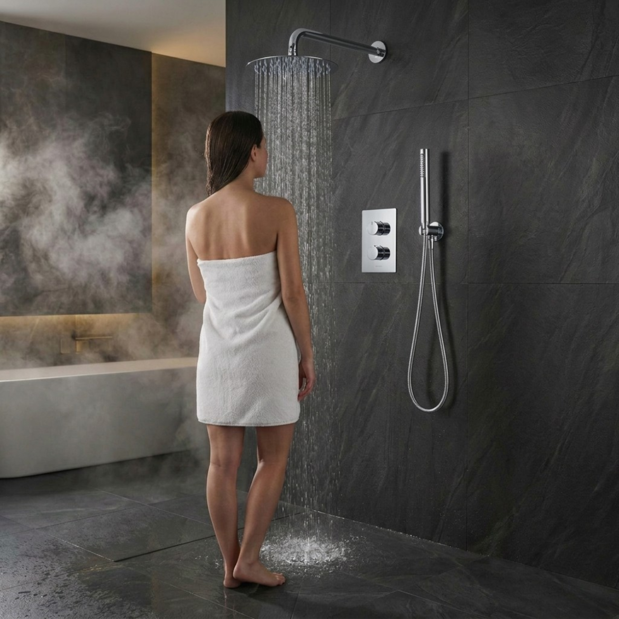 ARKO Round Concealed Thermostatic Shower Mixer 2 Dial Twin Head with Valve, Handset & Shower Waste – Chrome