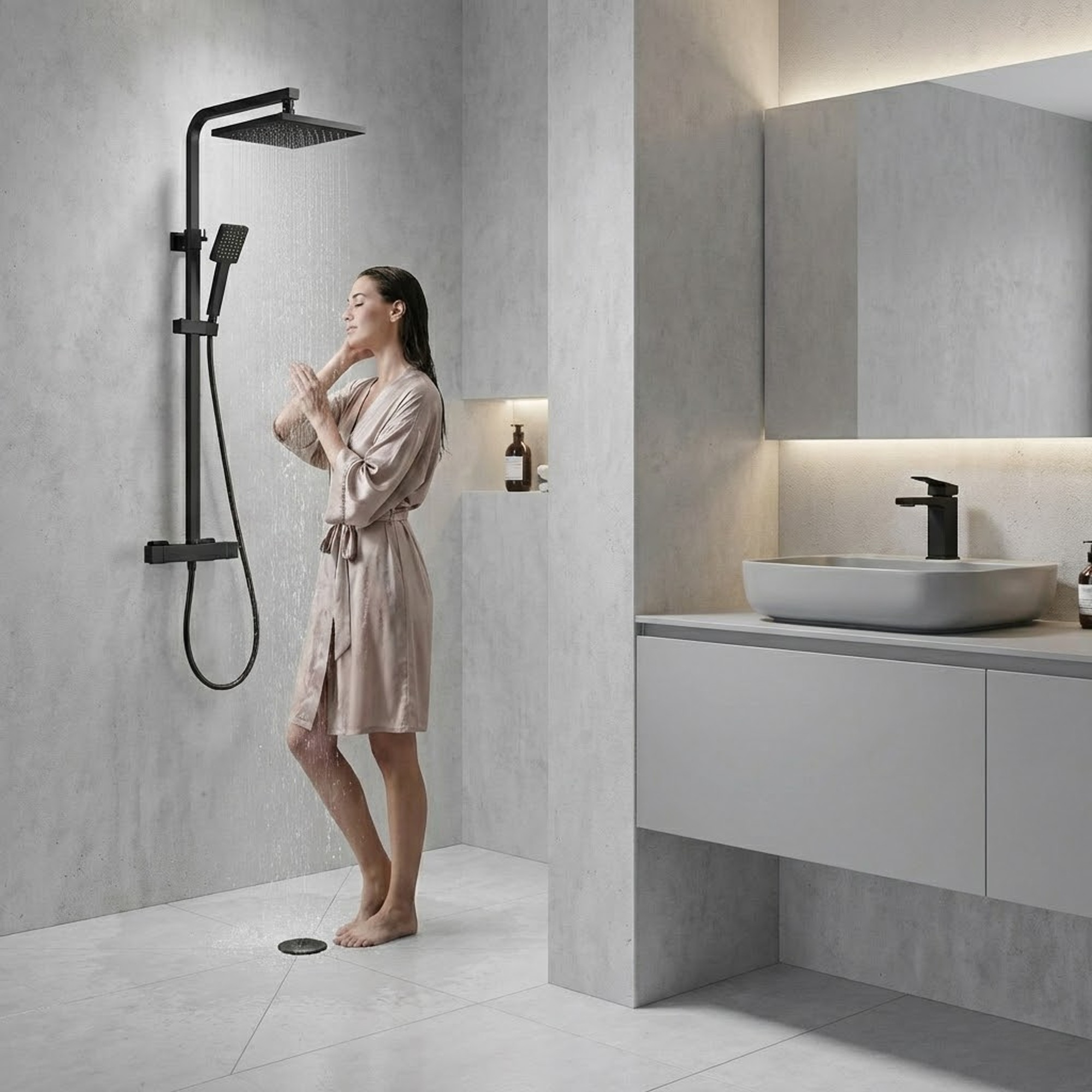 Arko Bathroom Waterfall Mixer Shower & Basin Mixer Tap Sets with Bath Shower Waste – Black