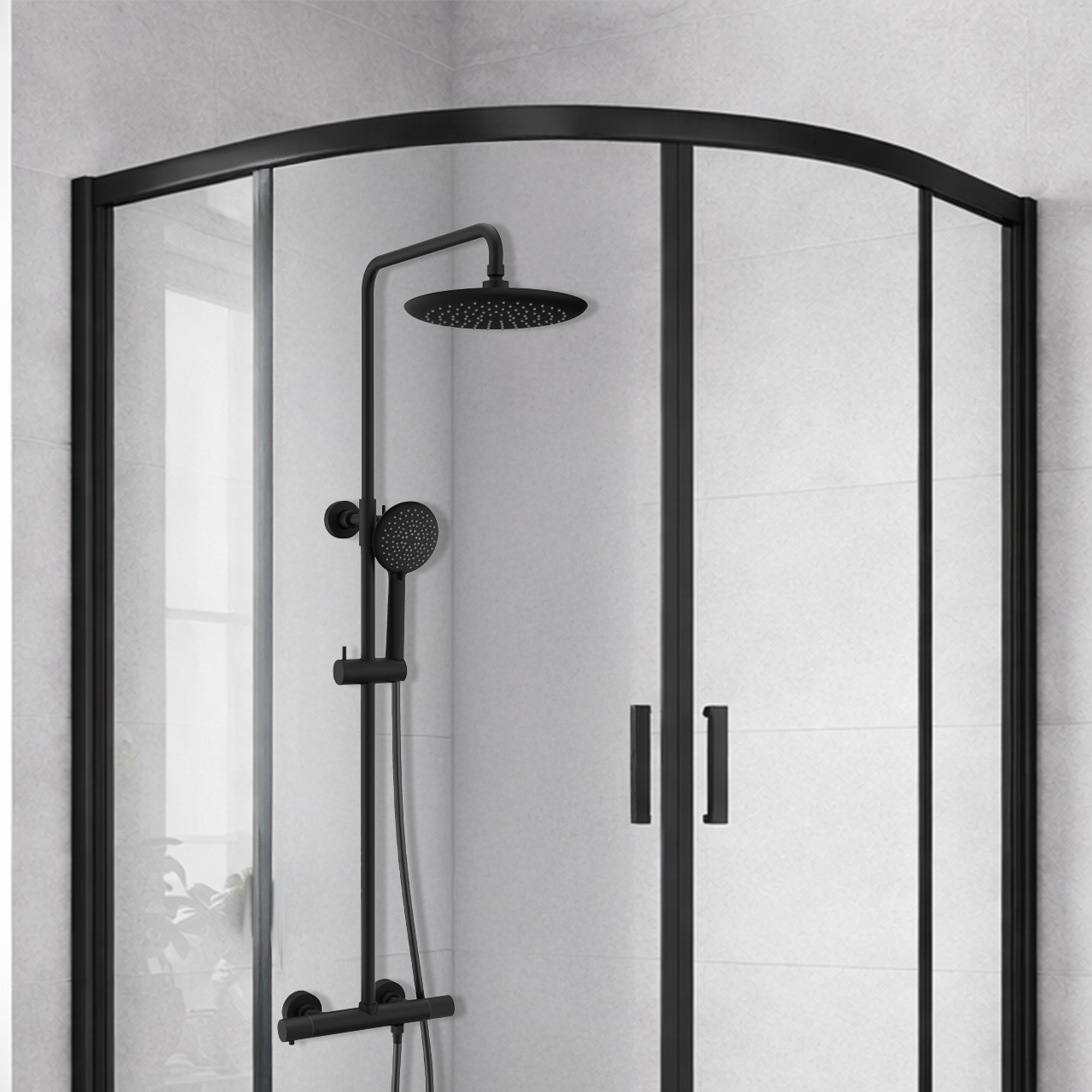 ARKO Round Rainfall Shower System with Handheld Spray & Curved Glass Sliding Shower Enclosure with Waste  - Matte Black