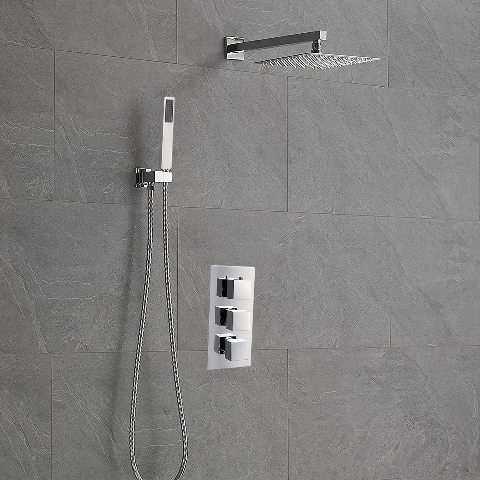 ARKO Square Concealed Thermostatic Shower Mixer 2 Dial Twin Head with Valve, Handset & Shower Waste – Chrome
