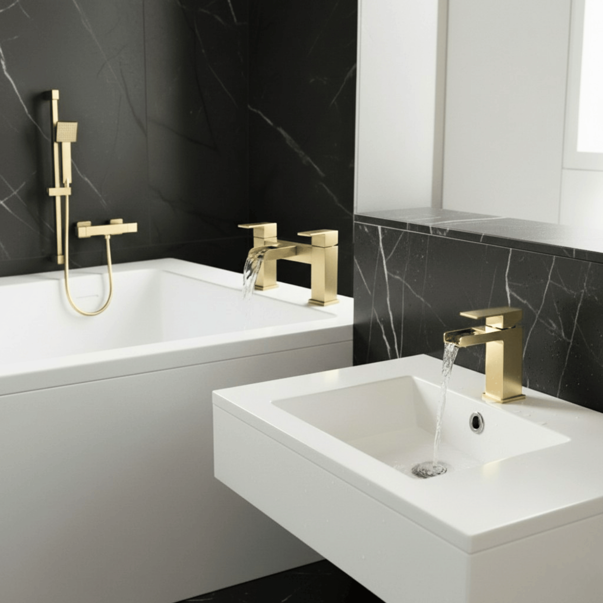 ARKO Waterfall Basin Mixer Tap, Bath Filler & Handheld Shower Set with Bath Waste – Brass