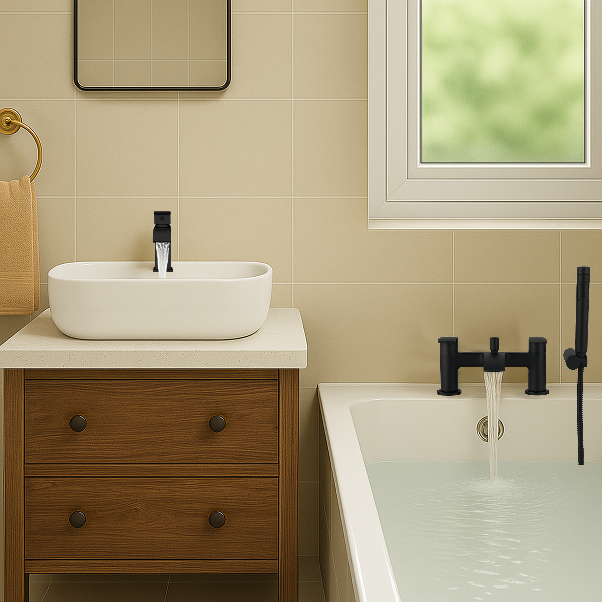 Arko Capri Basin Mixer Tap & Bath Shower Set with Bath Waste – Black