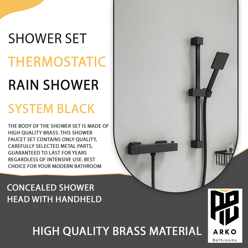 Arko Thermostatic Shower Mixer with Adjustable Riser Kit Exposed Square Shower –Black