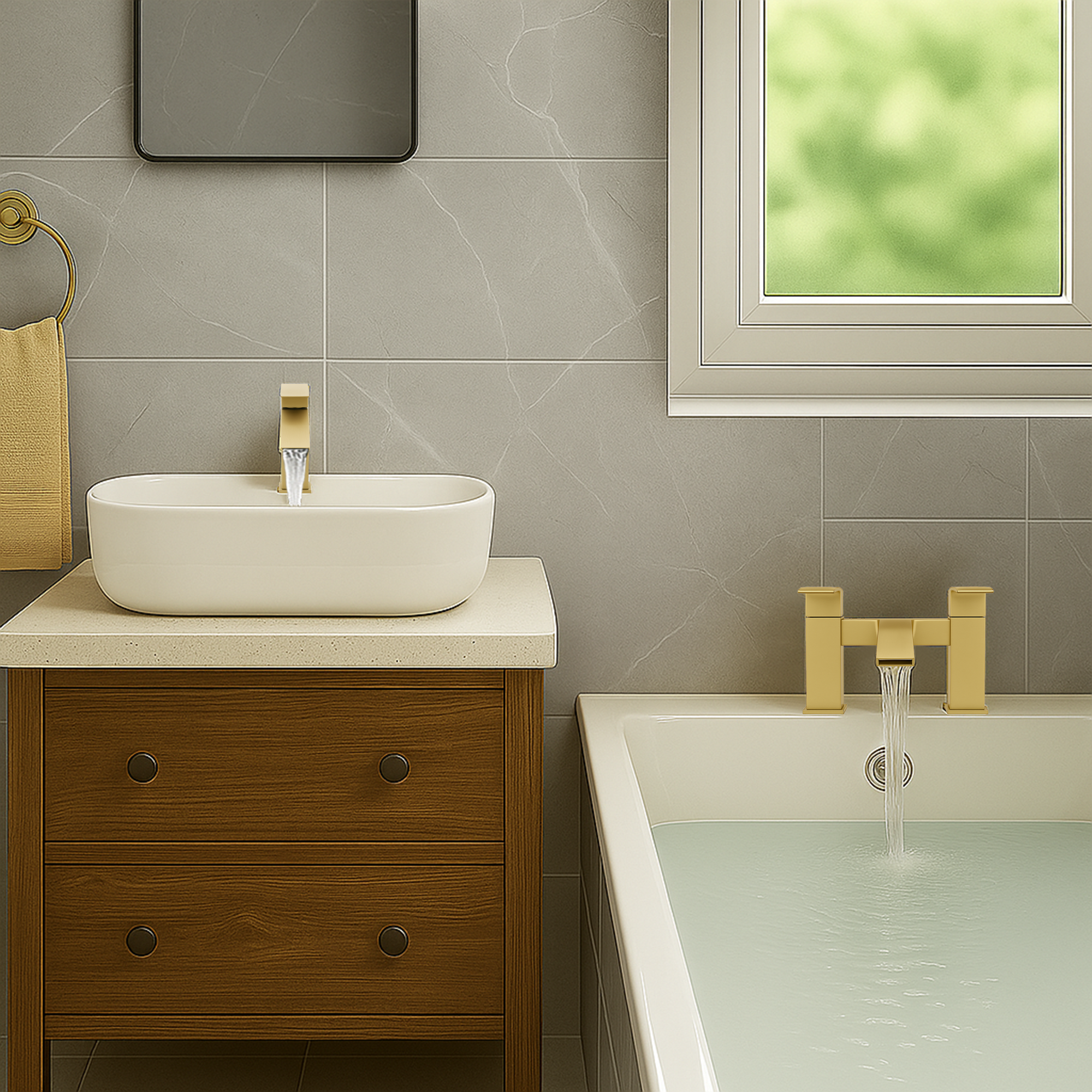 Arko Vista Bath and Basin Mixer Tap with Bath Waste Set - Brass