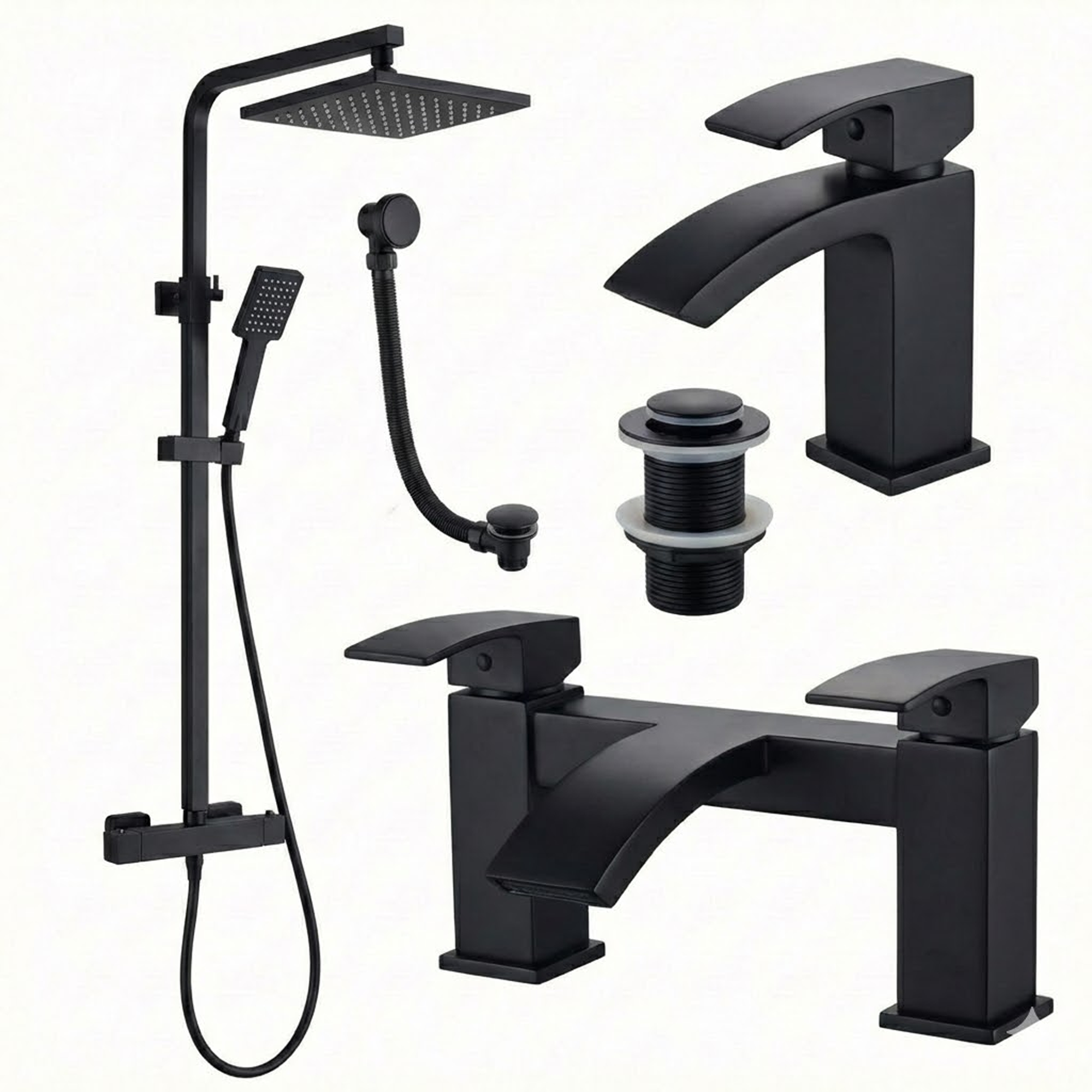 ARKO Vista Basin Mixer Tap, Bath Filler & Thermostatic Mixer Shower Set with Bath Waste – Black