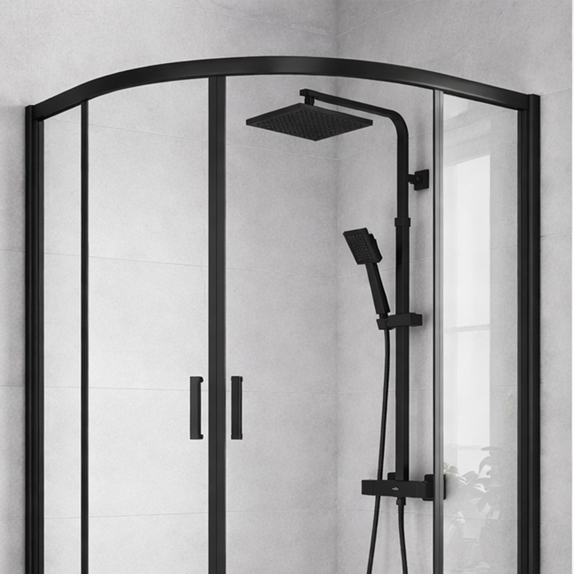 ARKO Square Rainfall Shower System with Handheld Spray & Curved Glass Sliding Shower Enclosure - Matte Black