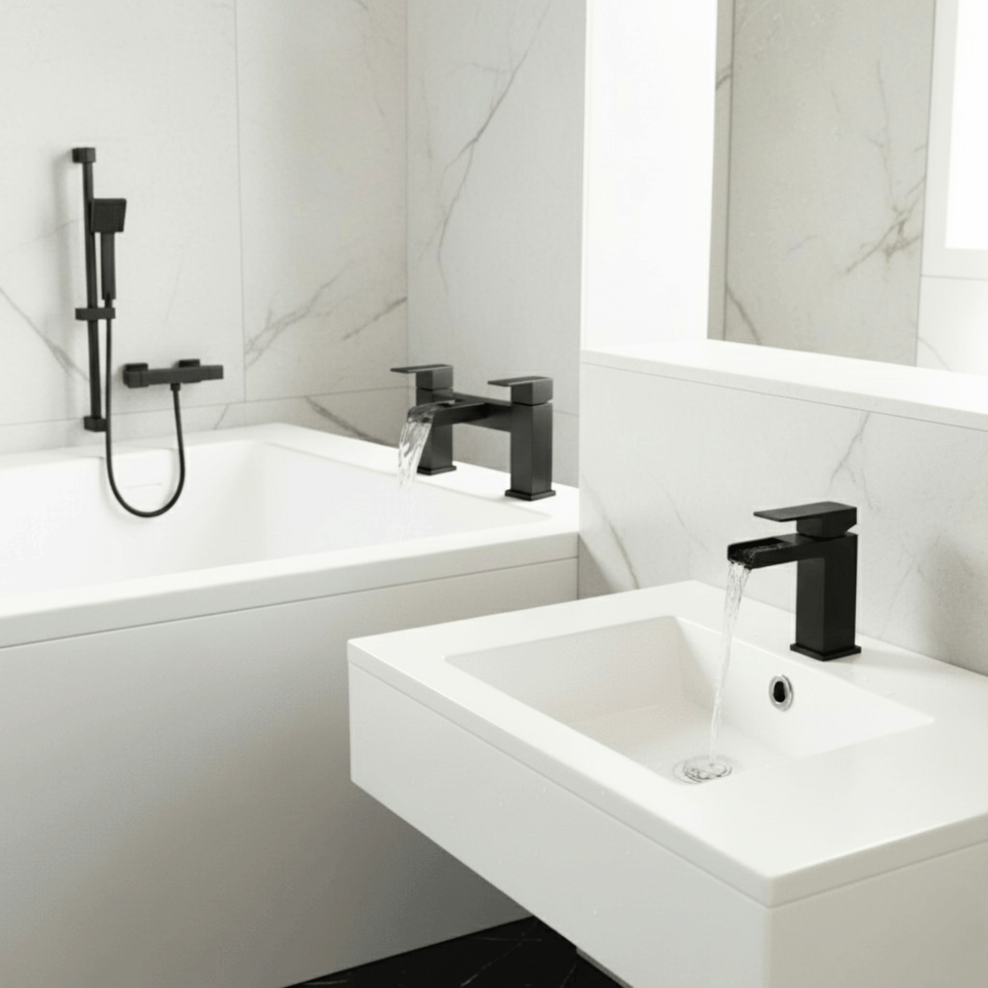 ARKO Waterfall Basin Mixer Tap, Bath Filler & Handheld Shower Set with Bath Waste – Black