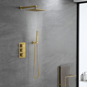 ARKO Square Concealed Thermostatic Shower Mixer 2 Dial Twin Head with Valve, Handset & Shower Waste – Brass