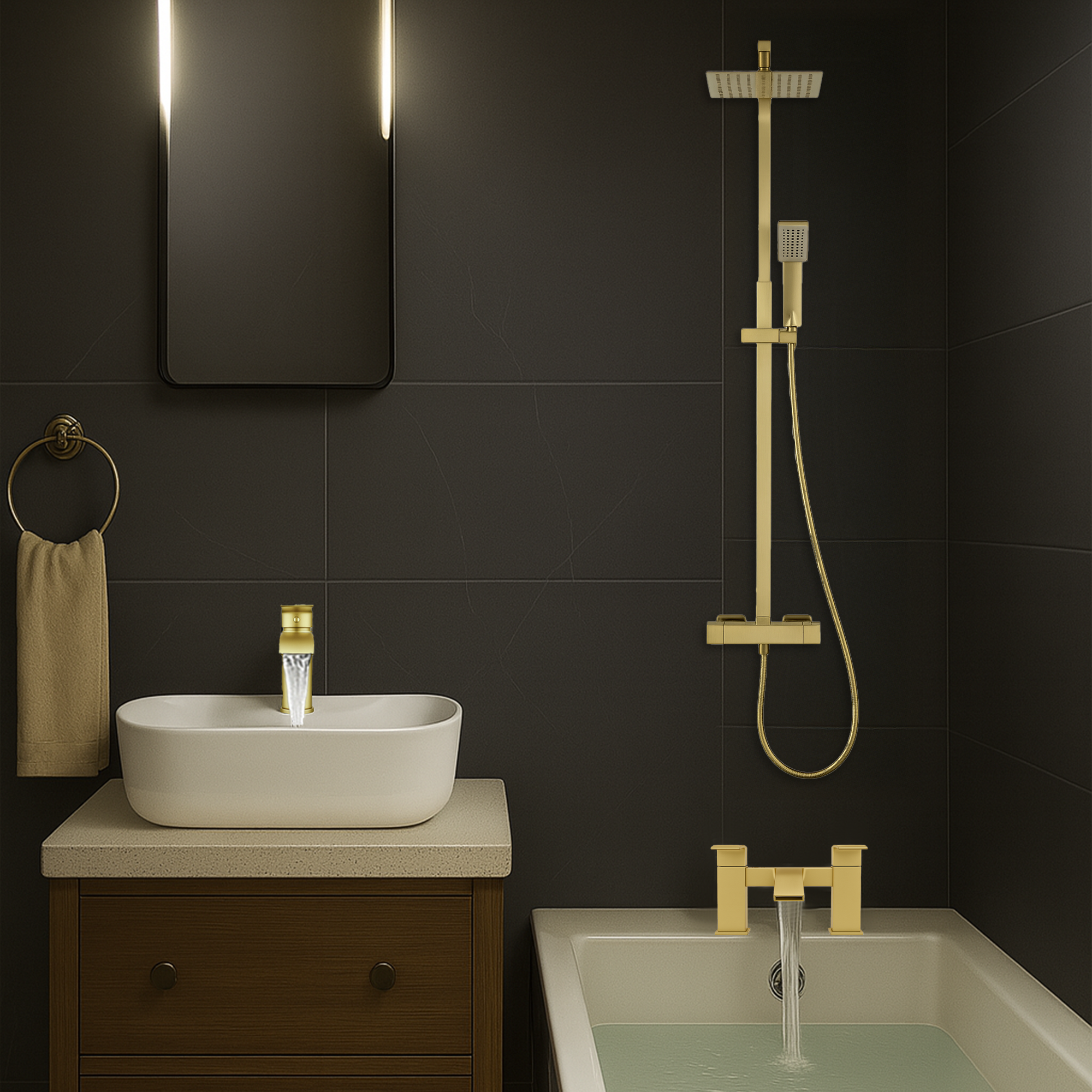 ARKO Vista Basin Mixer Tap, Bath Filler & Thermostatic Mixer Shower Set with Bath Waste – Brass