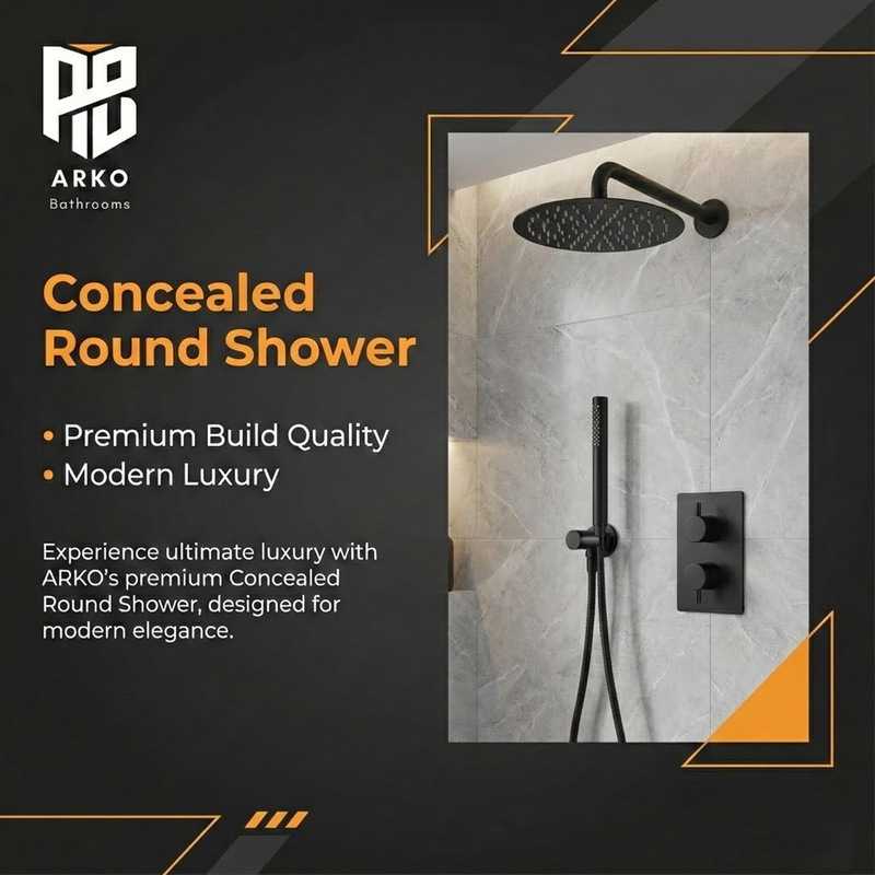 Black Round Concealed Thermostatic Shower Pack with Head + Handset