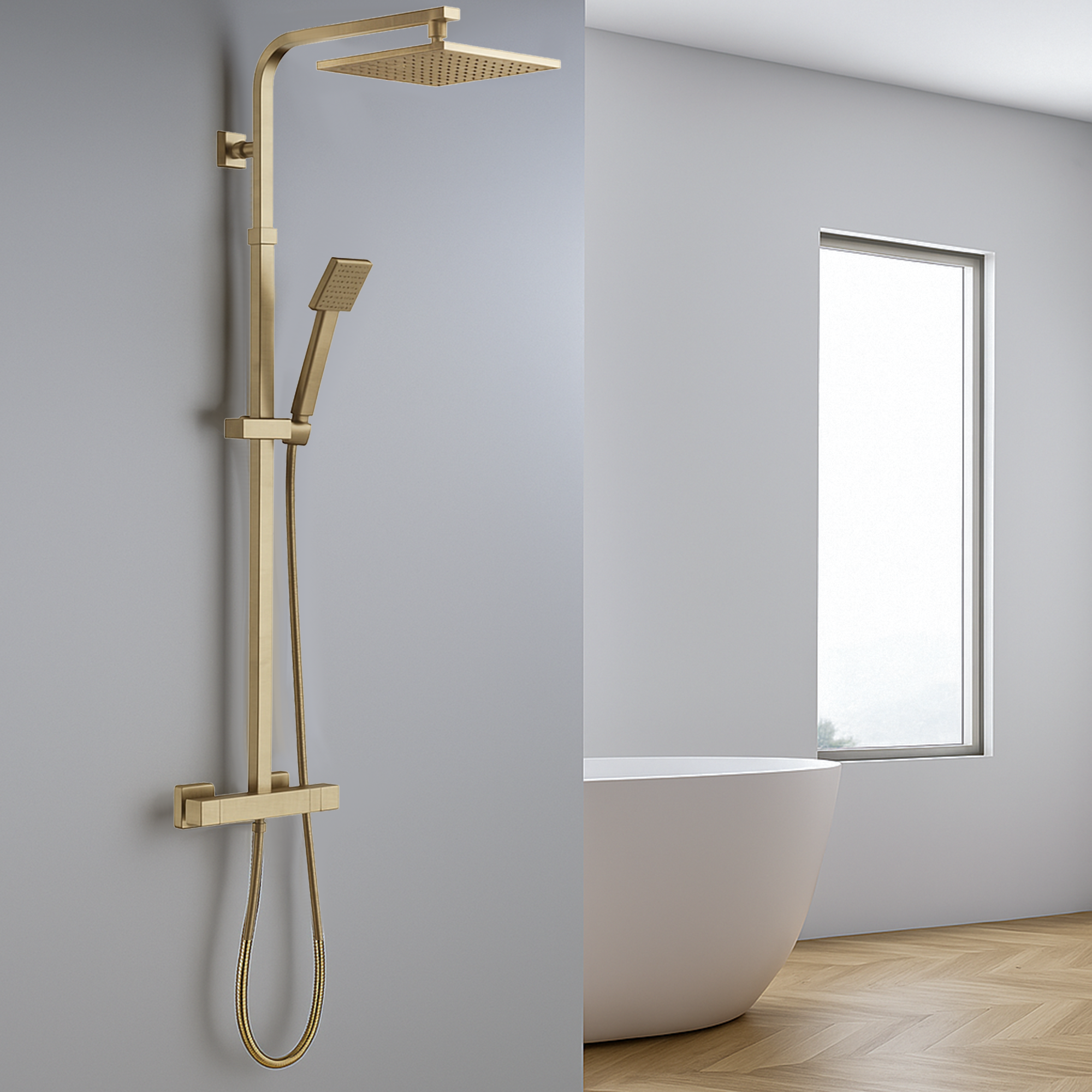 ARKO Bathroom Square Thermostatic Mixer Shower with Riser Rail, Shower Waste & Twin head - Brass