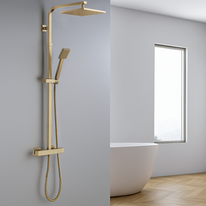 ARKO Bathroom Square Thermostatic Mixer Shower with Riser Rail, Shower Waste & Twin head - Brass