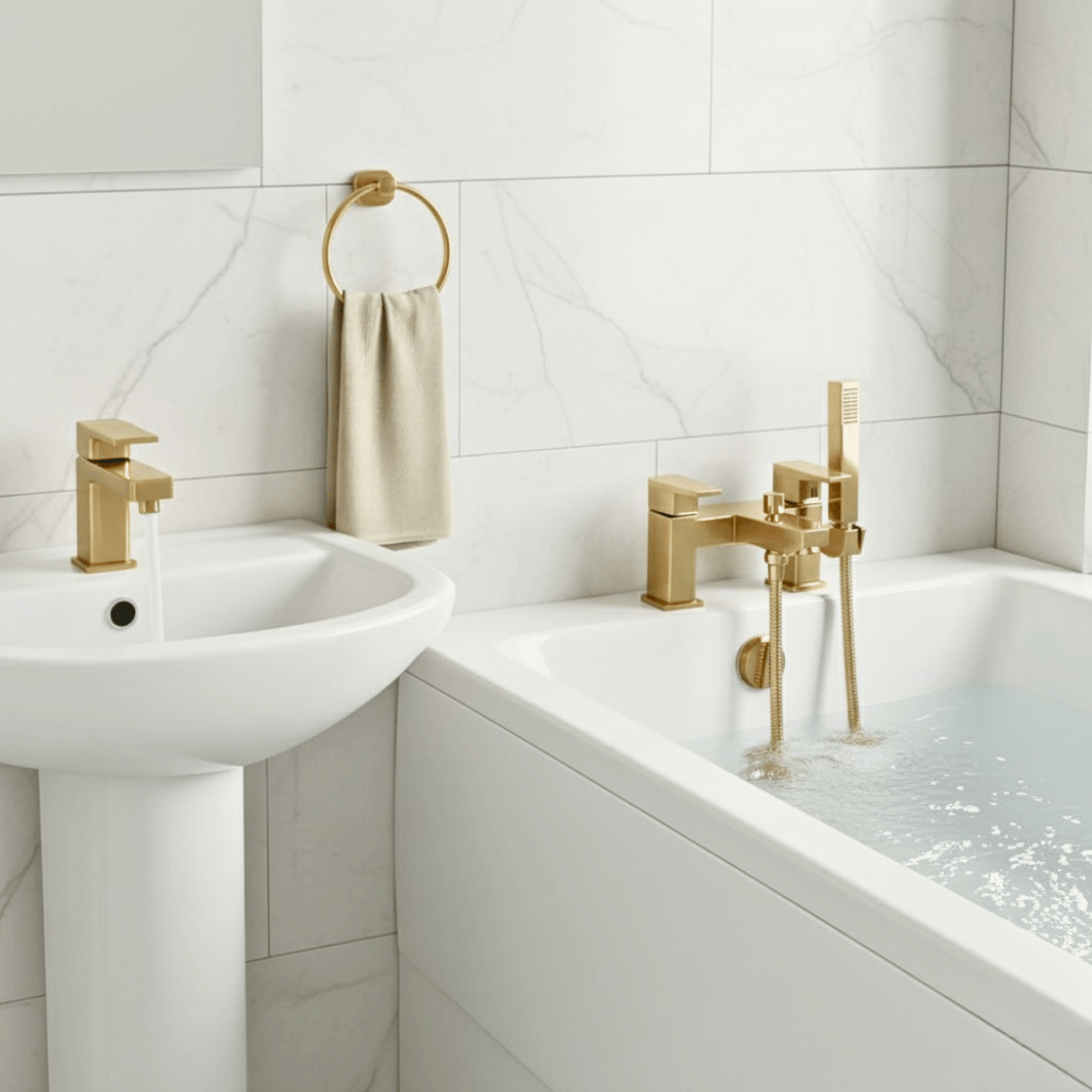 Arko Waterfall Basin Mixer Tap & Bath Shower Set with Bath Waste – Brass