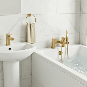 Arko Waterfall Basin Mixer Tap & Bath Shower Set with Bath Waste – Brass